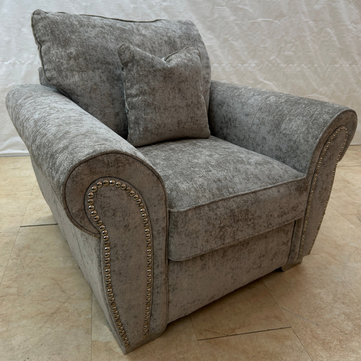 Ex-Display Grey Fabric Armchair with Scroll Arms and Studs