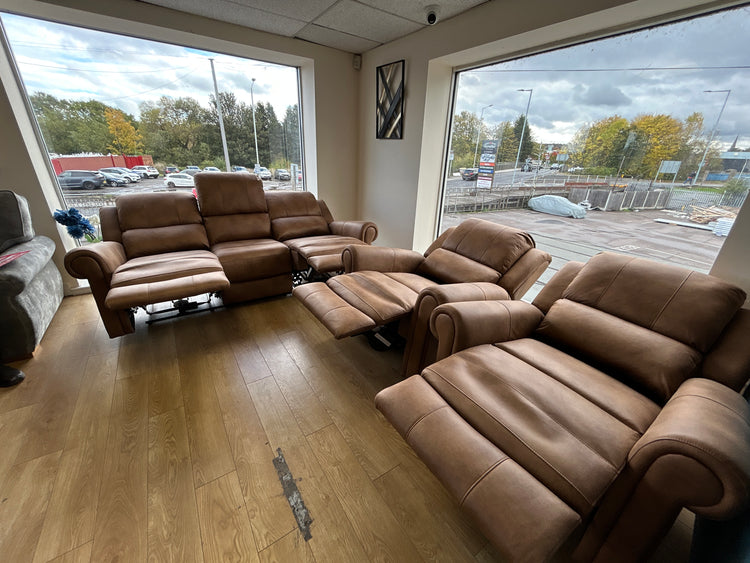 Ex-Display Aylsham Electric Recliners Brown Leather 3 seater + 2 Chair Sofa Set