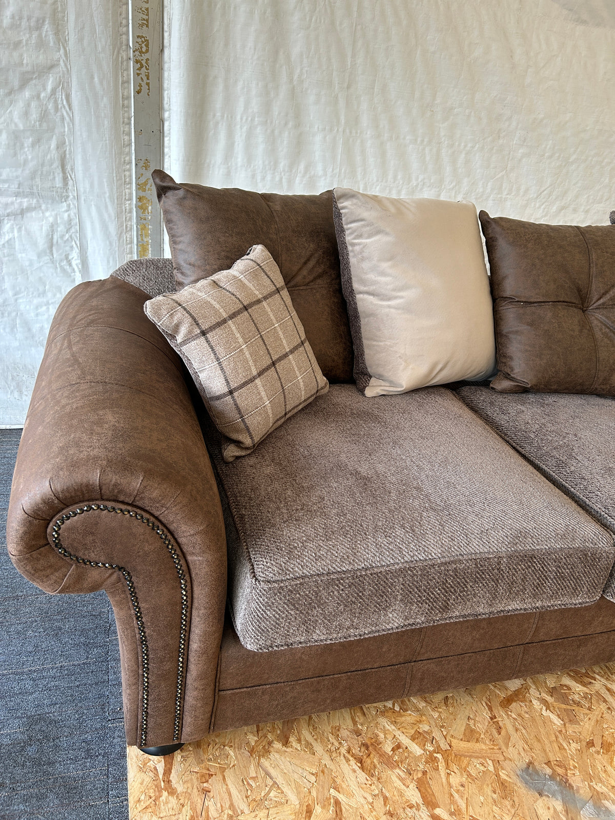 Ex-Display Marshal Brown Pillowback Fabric Corner Sofa with Scroll Arms