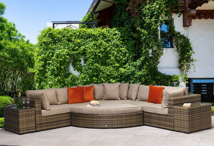 Jessica Brown Rattan Modular Garden Corner Sofa with End Tables & Footstool | Signature Weave