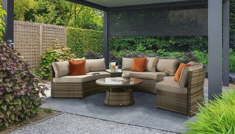 Juliet Brown Rattan Half Moon Garden Sofa Set with Side Tables & Round Coffee Table | Signature Weave