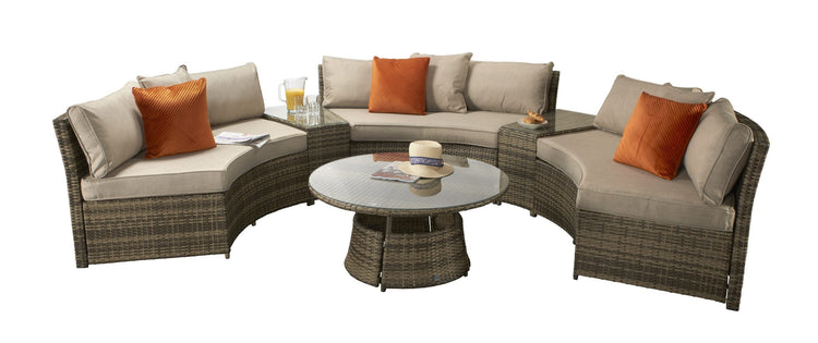 Juliet Brown Rattan Half Moon Garden Sofa Set with Side Tables & Round Coffee Table | Signature Weave