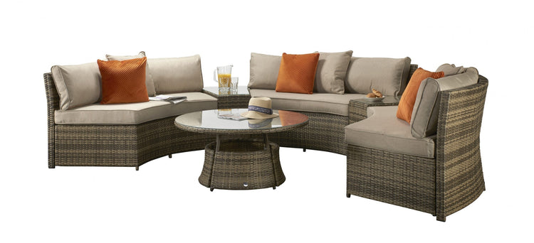 Juliet Brown Rattan Half Moon Garden Sofa Set with Side Tables & Round Coffee Table | Signature Weave