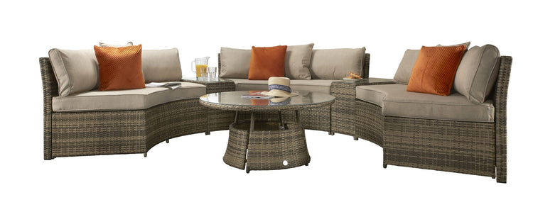 Juliet Brown Rattan Half Moon Garden Sofa Set with Side Tables & Round Coffee Table | Signature Weave