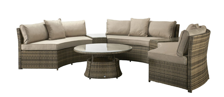 Juliet Brown Rattan Half Moon Garden Sofa Set with Side Tables & Round Coffee Table | Signature Weave