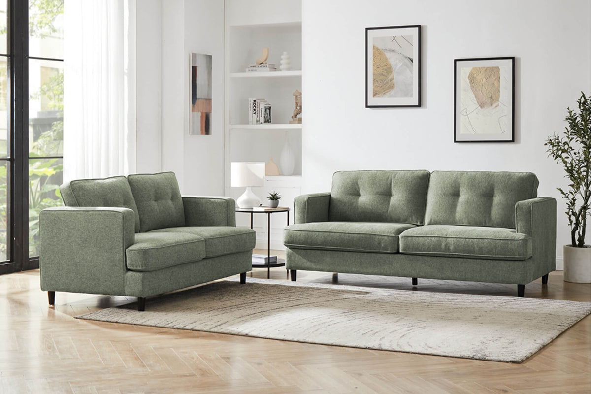 Juniper Button Back Fabric Sofa Collection in Sage or Grey