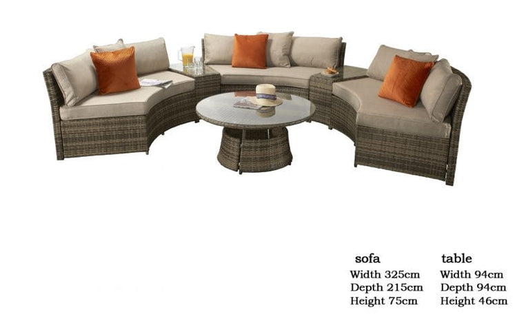 Juliet Brown Rattan Half Moon Garden Sofa Set with Side Tables & Round Coffee Table | Signature Weave