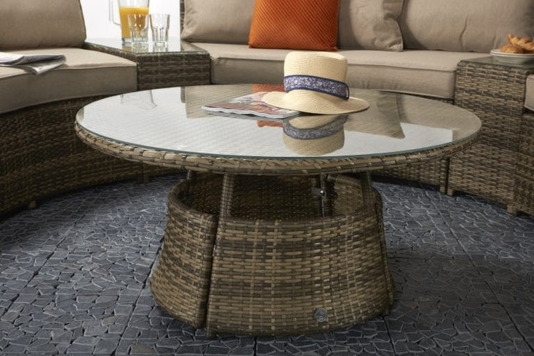 Juliet Brown Rattan Half Moon Garden Sofa Set with Side Tables & Round Coffee Table | Signature Weave