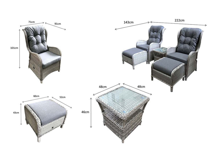 Meghan Grey Rattan 5 Piece Reclining Lounge Set with Footstools & Glass Table | Signature Weave
