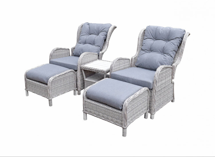 Meghan Grey Rattan 5 Piece Reclining Lounge Set with Footstools & Glass Table | Signature Weave