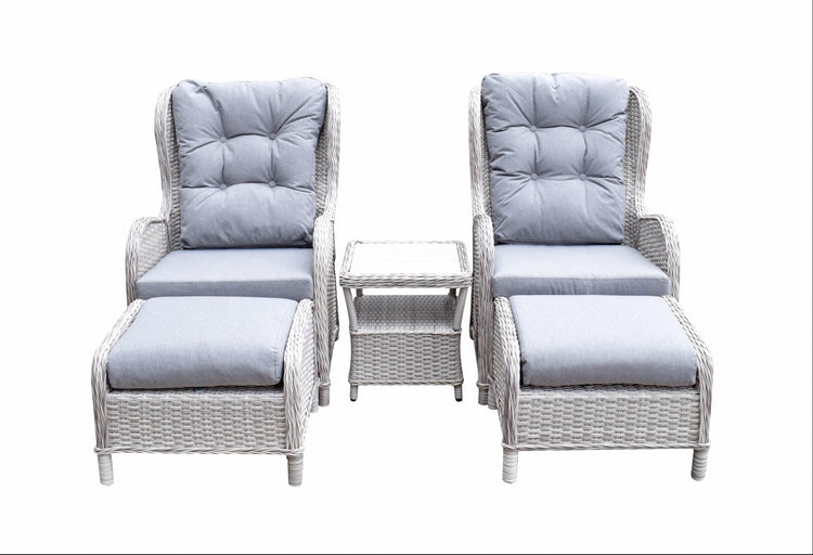 Meghan Grey Rattan 5 Piece Reclining Lounge Set with Footstools & Glass Table | Signature Weave