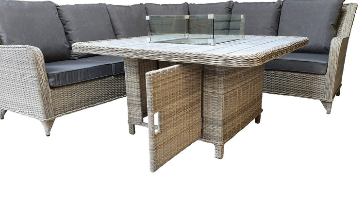 Meghan 7 Seater Rattan Corner Dining Sofa with Gas Fire Pit Table & 2 Bench Stools | Signature Weave
