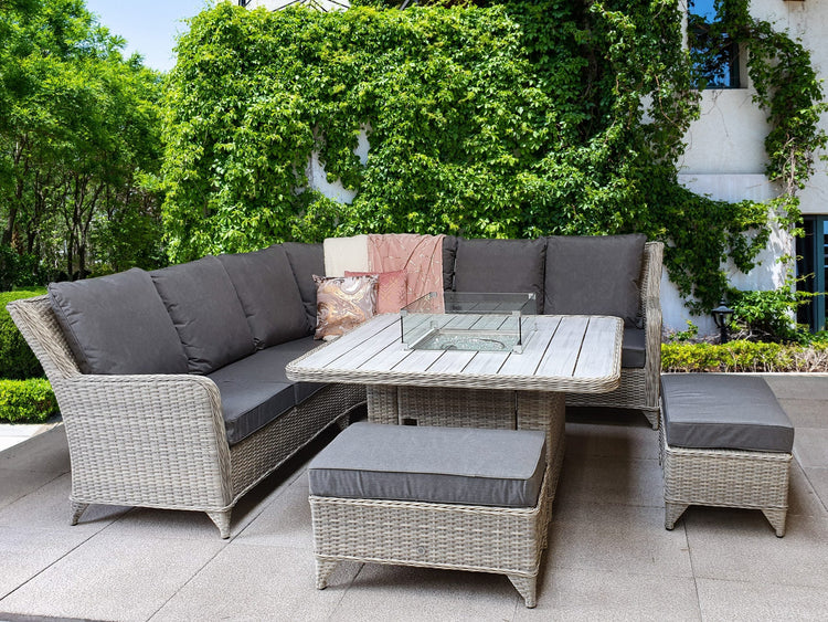 Meghan 7 Seater Rattan Corner Dining Sofa with Gas Fire Pit Table & 2 Bench Stools | Signature Weave