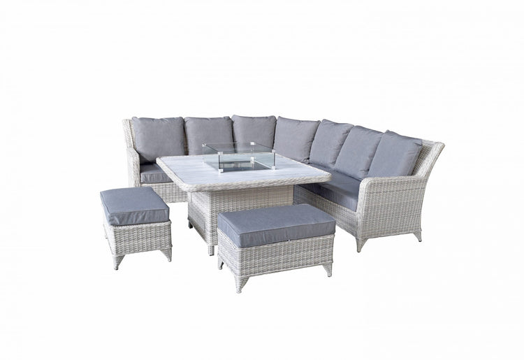 Meghan 7 Seater Rattan Corner Dining Sofa with Gas Fire Pit Table & 2 Bench Stools | Signature Weave