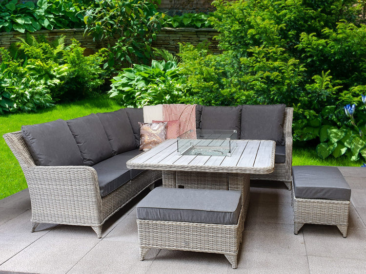 Meghan 7 Seater Rattan Corner Dining Sofa with Gas Fire Pit Table & 2 Bench Stools | Signature Weave