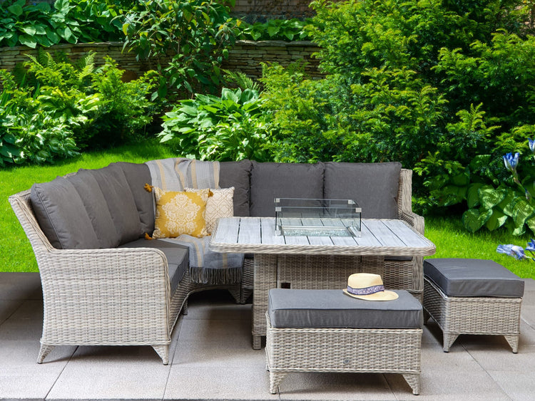 Meghan 7 Seater Rattan Corner Dining Sofa with Gas Fire Pit Table & 2 Bench Stools | Signature Weave