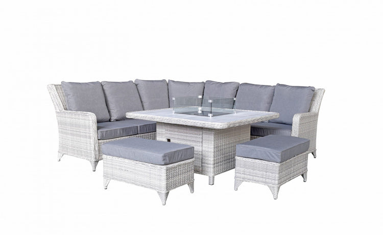 Meghan 7 Seater Rattan Corner Dining Sofa with Gas Fire Pit Table & 2 Bench Stools | Signature Weave