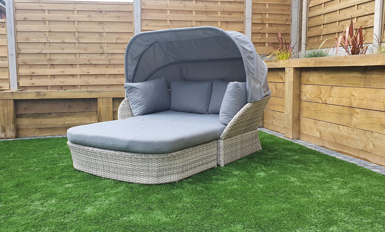 Meghan Rattan Garden Daybed Sofa with Extendable Canopy & Footstool | Signature Weave
