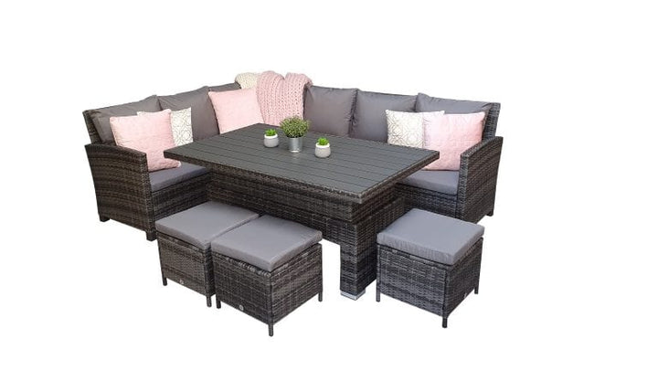 Charlotte Grey 8mm Flat Weave Rattan Corner Sofa with Lifting Dining Table & 3 Stools | Signature Weave