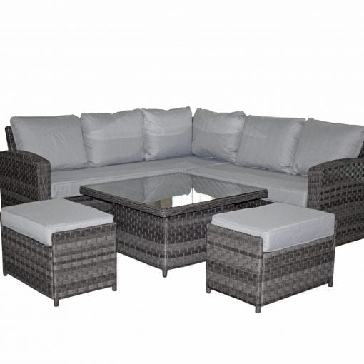 Grace Grey Rattan Corner Sofa with Adjustable Height Dining Table & 2 Bench Stools | Signature Weave