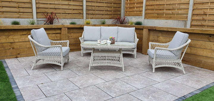 Rose White Wicker Garden Sofa Set with Tempered Glass Coffee Table, 5 Seats | Signature Weave