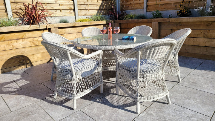 Rose 6 Seater White Wicker Round Garden Table and Chairs Set | Signature Weave