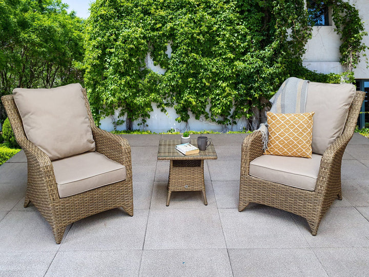 Sarah Natural Beige Rattan High Back 2 Armchair Lounge Set with Glass Side Table | Signature Weave