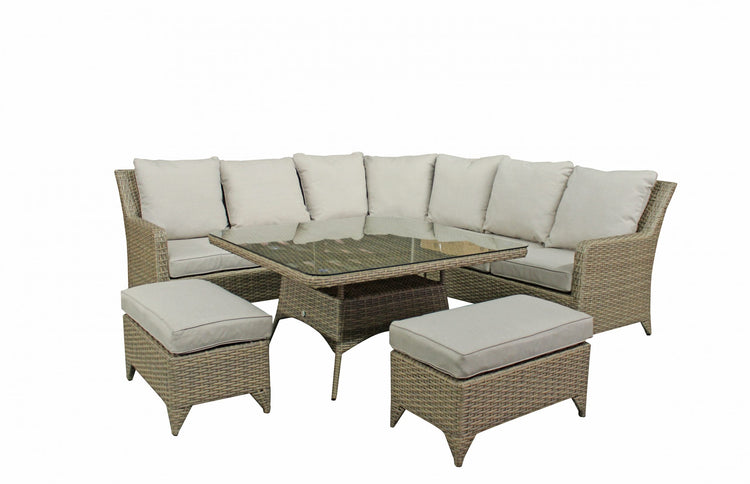 Sarah Natural Rattan Corner Dining Set with Glass Table & Bench Stools | Signature Weave