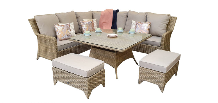 Sarah Natural Rattan Corner Dining Set with Glass Table & Bench Stools | Signature Weave