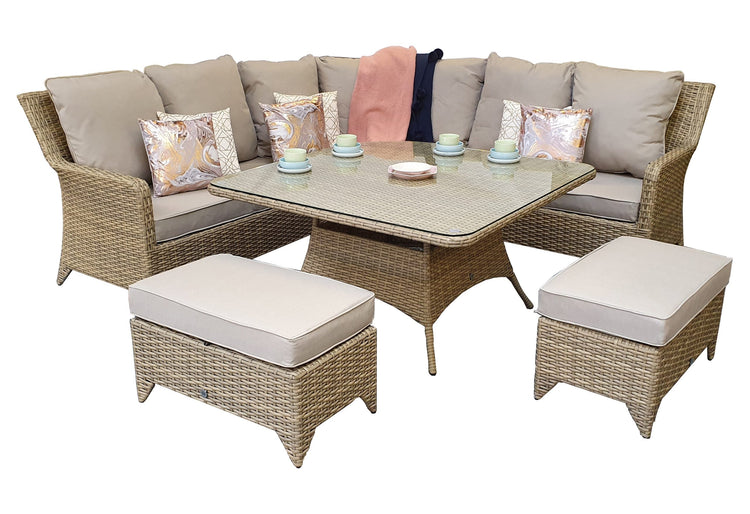 Sarah Natural Rattan Corner Dining Set with Glass Table & Bench Stools | Signature Weave