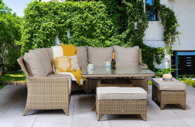 Sarah Natural Rattan Corner Dining Set with Glass Table & Bench Stools | Signature Weave