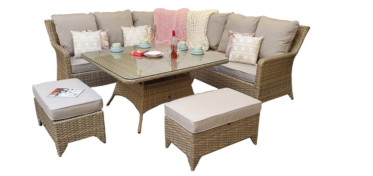 Sarah Natural Rattan Corner Dining Set with Glass Table & Bench Stools | Signature Weave