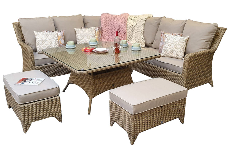 Sarah Natural Rattan Corner Dining Set with Glass Table & Bench Stools | Signature Weave