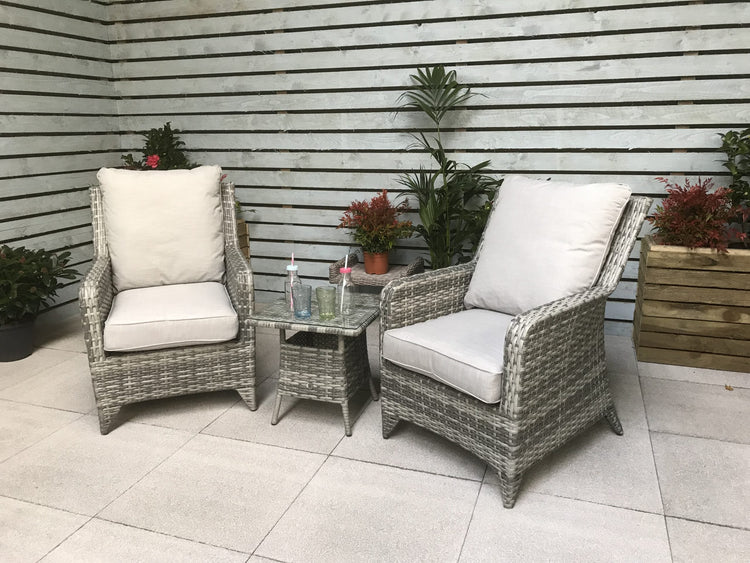 Sarah Grey Rattan High Back 2 Armchair Lounge Set with Tea Table | Signature Weave