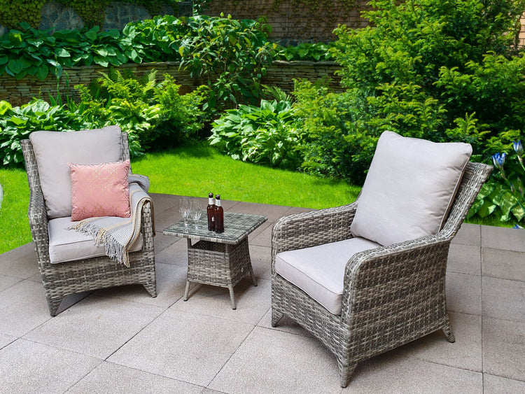 Sarah Grey Rattan High Back 2 Armchair Lounge Set with Tea Table | Signature Weave