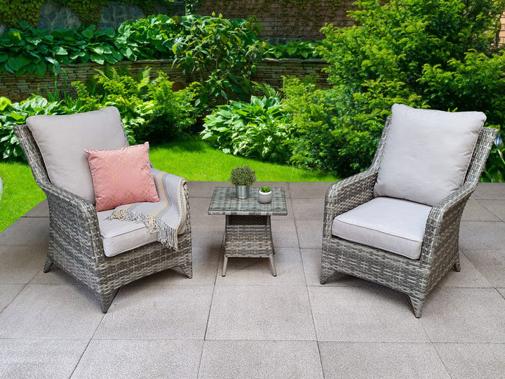 Sarah Grey Rattan High Back 2 Armchair Lounge Set with Tea Table | Signature Weave