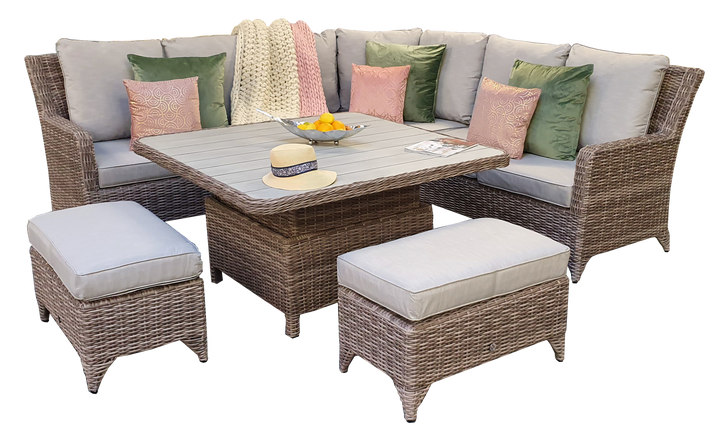 Sarah Grey Rattan Corner Dining Set with Lift & Rise Table & Ice Bucket | Signature Weave