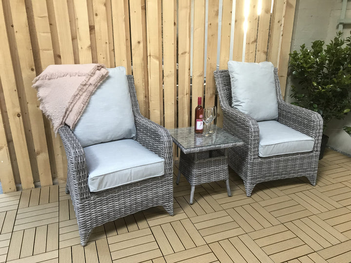 Sarah Round Grey Weave Rattan High Back 2 Armchair Lounge Set with Glass Side Table | Signature Weave