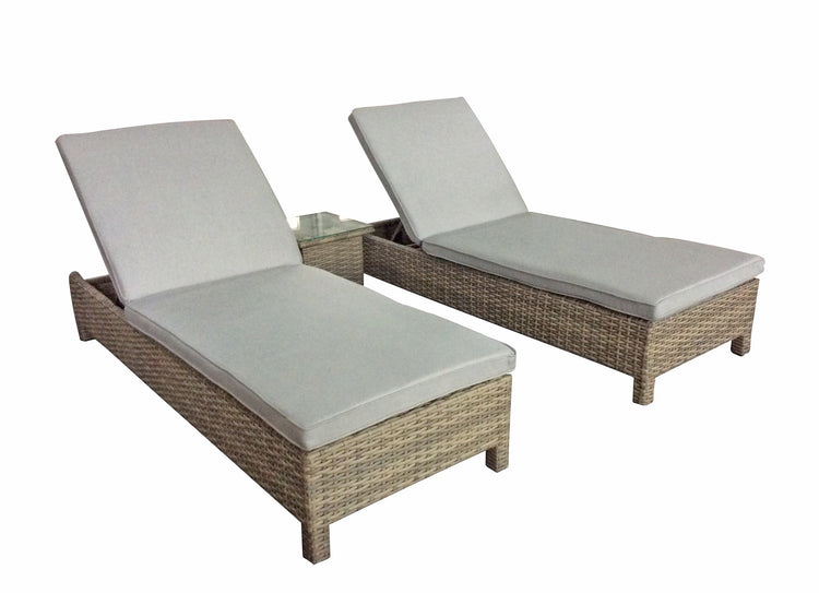 Sarena Natural Rattan Garden Sun Lounger Pair with Drinks Table | Signature Weave