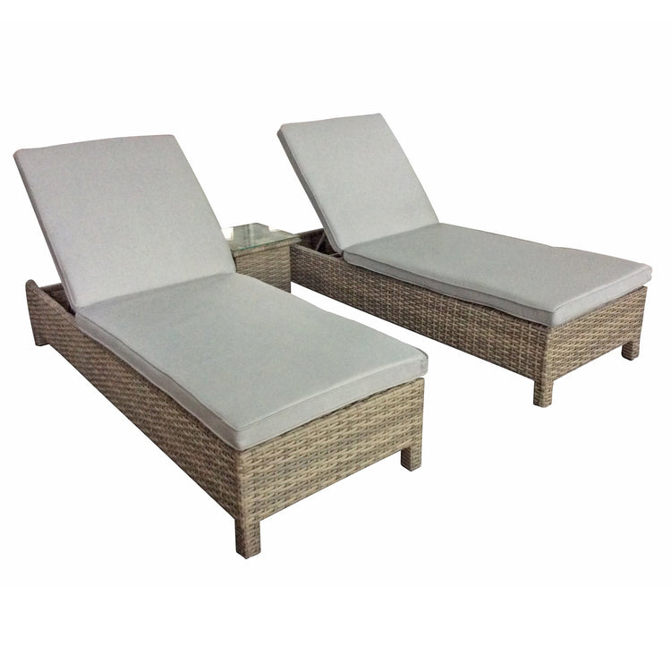 Sarena Natural Rattan Garden Sun Lounger Pair with Drinks Table | Signature Weave