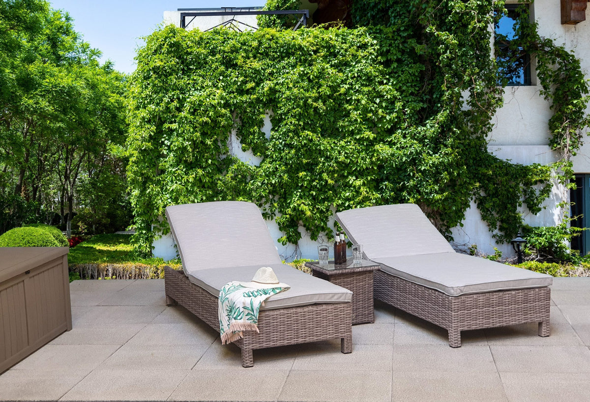Serena Rattan Garden Sun Lounger Pair with Drinks Table for Poolside & Patio
