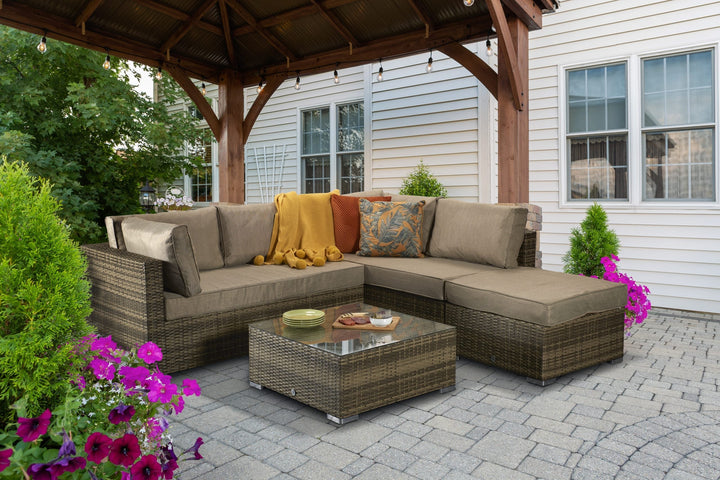 Savannah Brown 8mm Flat Weave Rattan Garden Corner Sofa with Coffee Table & Footstool | Signature Weave