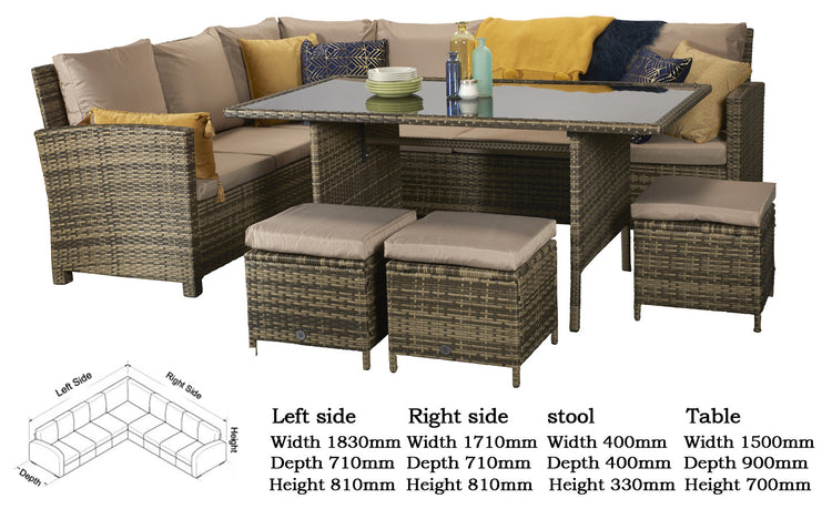 Charlotte Natural 8mm Flat Weave Rattan Corner Dining Sofa with Table & 3 Footstools | Signature Weave
