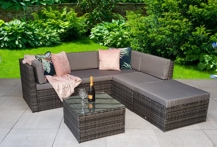 Stella 5 Piece Grey Rattan Modular Garden Corner Sofa with Glass Table & Stool | Signature Weave