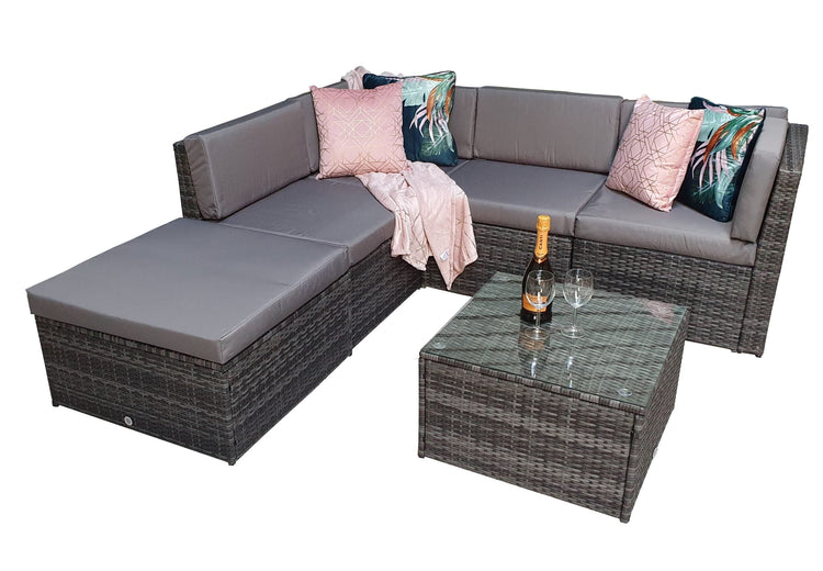 Stella 5 Piece Grey Rattan Modular Garden Corner Sofa with Glass Table & Stool | Signature Weave