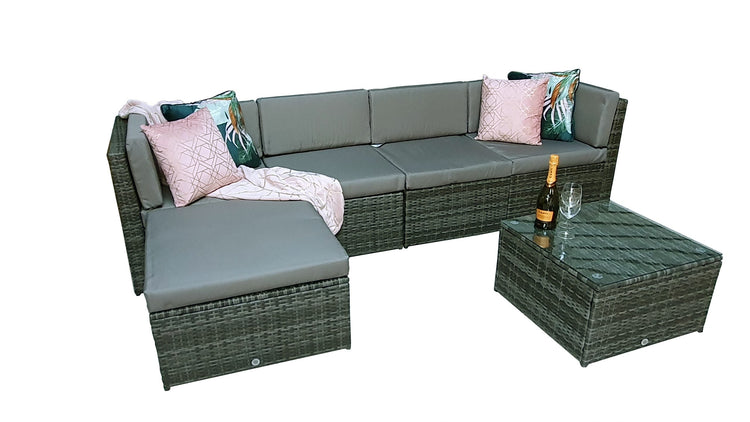 Stella 5 Piece Grey Rattan Modular Garden Corner Sofa with Glass Table & Stool | Signature Weave