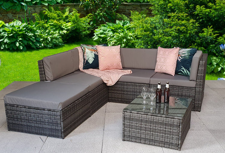 Stella 5 Piece Grey Rattan Modular Garden Corner Sofa with Glass Table & Stool | Signature Weave