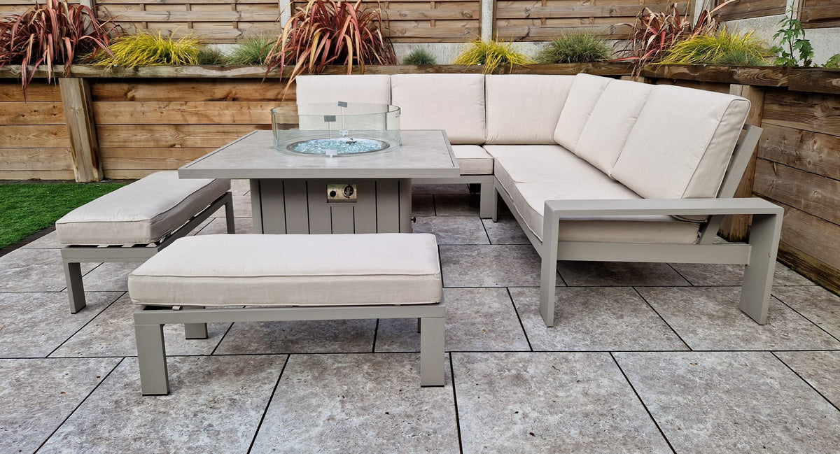 Venus 8 Seater Aluminium Garden Corner Sofa with Gas Fire Pit Table & 2 Bench Stools