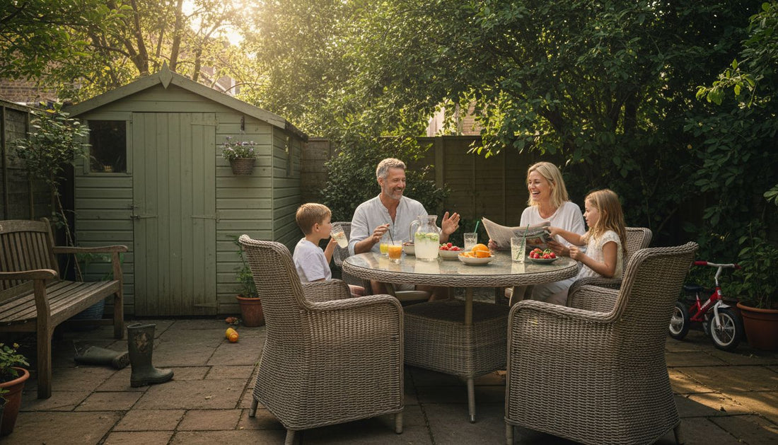 Family relaxing with outdoor garden furniture