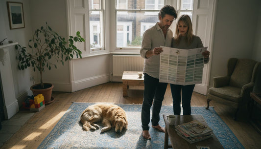 Couple choosing living room furniture in UK home